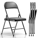Nazhura 4 Pack Folding Chairs with Padded Cushion and Back, Khaki Metal Chairs with Comfortable Cushion and Durable Steel Frame for Home and Office, for Indoor and Outdoor Events (Black, 4 Pack)