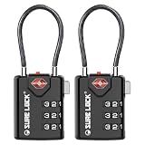 SURE LOCK TSA Approved Luggage Locks with Open Alert Indicator, 3 Digit Combination Cable Travel Lock for Suitcase, Backpack & Travel Bag, 2 Pack Black