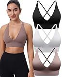 Evercute Women's Sports Bras 3/4 Pack Adjustable Deep V Neck Bras Wireless Spaghetti Strap Criss Cross Padded Low Support Bra