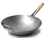 Craft Wok Traditional Hand Hammered Chinese Carbon Steel Wok with Wooden and Steel Helper Handle (14 Inch, Round Bottom Pow Wok Pan) / 731W88