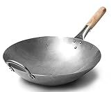 Craft Wok Traditional Hand Hammered Chinese Carbon Steel Wok with Wooden and Steel Helper Handle (14 Inch, Round Bottom Pow Wok Pan) / 731W88
