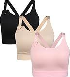 Suekaphin Supportive Nursing Bra Breastfeeding for Pregnant Women,Maternity Support Breastfeeding Bra with Wire-Free Fixed Cups Wide Straps,Black/Beige/Pink,Large