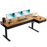 OffiGo 63 Inch L Shaped Electric Standing Desk with Drawers, Height Adjustable Large Desk with Power Outlets, Sit Stand Table, Writing Computer Desk for Home, Office, Workstation, Rustic Brown