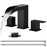 FORIOUS Square Matte Black Waterfall Bathroom Faucets 3 Hole, 8 Inch Widespread Bathroom Sink Faucet with Metal Pop-up Drain and Supply Lines, Two Handles for Vanity, Lavatory, Restroom