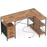 Huuger L Shaped Office Desk with Power Outlets, 47 Inch Computer Desk with 3 Drawers, Shelves, for Gaming, Corner Work, Home Office, Study, Rustic Brown