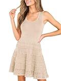 Fisoew Womens Summer Mini Dresses Casual Crewneck Knitted Crochet Hem Flowy Tank Sundress Khaki