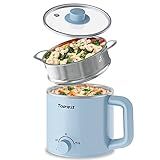 Topwit Hot Pot Electric with Steamer, 1.6L Ramen Cooker, Electric Pot for Pasta, Shabu-Shabu, Oatmeal, Soup and Egg, Portable Cooker with Dual Power Control, Dorm Room Essentials, Blue