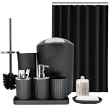 Black Bathroom Accessories Set, 10Pcs Bathroom Accessory Sets Complete with Trash Can, Shower Curtain, Vanity Tray, Soap Dispenser, Soap Dish, Toothbrush Holder&Cup, Toilet Brush&Holder, Qtip Holder