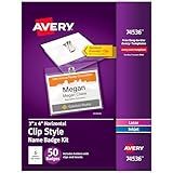 Avery Customizable Name Badges, Clip Style, 3" x 4", Clear Name Tag Holders, White Laser/Inkjet Printable Inserts, 50 Total (74536)