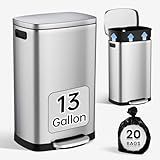 ELPHECO Kitchen Trash Can with Lid Soft Close,13 Gallon / 50L Stainless Steel Pedal Garbage Can, Heavy-Duty Fingerprint Proof Step Wastebasket with 20 Bags, Removable Bucket, Home Office, Silver