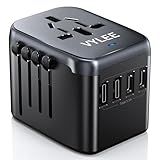 Universal Travel Adapter, VYLEE 5 in 1 International Power Adapter, 3.5A 2xUSB-A and 2xUSB C Wall Charger, Worldwide Travel Essentials Plug for Europe USA UK AUS Asia (Black Grey)