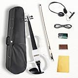 Ceciliec Electric Violin, Solid 4/4 Full Size Silent Violin Fiddle with Ebony Fittings, Beginner Violin with Case, Bow, Rosin, Aux Cable, and Headphones (Pearl White)