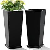 TUYOHW Set of 2 Large Tall Planter for Indoor or Outdoor 24" Flower Pots Tapered Tall Planters with Tray for Porch, Patio, Backyard, Large Planters for Outdoor Indoor Plants(Black)