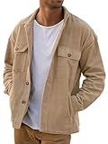 PLEPAN Mens Corduroy Shacket Button Down Work Jackets Lightweight Casual Long Sleeve Shirt Jacket Fall Overshirt with Pockets Khaki 3X-Large