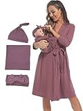 QTECLOR Maternity Robe with Matching Swaddle Blanket Set,Maternity Barhrobe Delivery Labor Robe for Hospital Women Dress