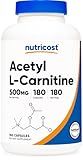 Nutricost Acetyl L-Carnitine (ALCAR) 500mg, 180 Capsules, 180 Servings - Non-GMO and Gluten Free, 1 Capsule per Serving