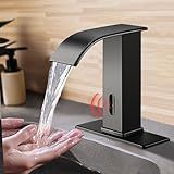 Touchless Sensor Bathroom Sink Faucet for 1 Hole, Waterfall Automatic Hands-Free Matte Black Lavatory Faucets, Easy Installation, Smart Infrared Modern Design for Home Commercial, Battery Powered