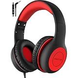 EarFun K1 Kids Headphones Wired with Microphone, 85/94dB Volume Limit Headphones for Kids, Portable Wired Headphone with Shareport, Stereo Sound Foldable Headset for School/Tablet/iPad, Black Red