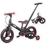 JMMD Toddler Bike with Push Handle for Kids 18-60 Months, 6 in 1 Foldable Push Bike with Training Wheels, Pedals, Brakes, Kickstand, Kid Balance Bike Gift & Toys for Boy & Girl, Black
