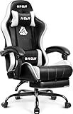 N-GEN GAMING Video Gaming Chair with Footrest Lumbar Support for Home Office High Back Recliner Height Adjustable Ergonomic Comfy Leather Computer Desk Chair (White)