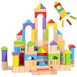 MOMOARI Alphabet Number Wooden Building Blocks Set -100 Blocks in 5 Water Paint Colors and 7 Shapes. Preschool Montessori Kids Baby Toys. Stacking Learning Toys for Toddlers. Age 18 Months +