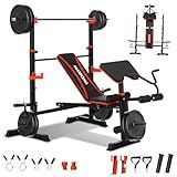 MAIDOMA 1500LBS 6 in 1 Weight Bench Set with Leg Extension/Curl and Preacher Curl, Bench Press Set and barbell Rack with Safety Bar Catches, Foldable Workout Benches for Home(US Stock)