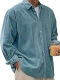 LOVESHOOT Fall Shirts for Men Casual Corduroy Jacket Button Down Long Sleeve Overshirt Loose Stylish Solid Color Shackets Blue Size M