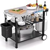 ADREAK Grill Table, Stainless Steel Grill Cart with Three-Shelf, Movable Pizza Oven Table with Side Tray ＆ Trash Bag Holder, Outdoor Grill Stand with Hooks for Food Prep, Outside Tailgating, Camping