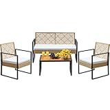Greesum 4 Piece Bistro Set Outdoor Patio Furniture Sets with Acacia Wood Coffee Table and Cushions, Cool & Breathable for Garden, Backyard, Poolside, Beige