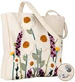 Miss Adola Aesthetic Embroidery Tote Bag for Women - Reusable Canvas Cloth Shoulder Bag with Cute 3d Wildflower Embroidered Designer Shopping Bag for Grocery, Work, Book, Vacation