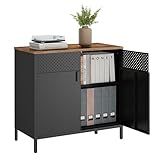 SONGMICS Storage Cabinet, Metal Cabinet, Sideboard with 2 Doors, 15.7 x 31.5 x 29.9 Inches, Magnetic Closure, Adjustable Shelf, Steel Frame, Rustic Brown and Black ULSC102B01
