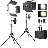 2 Pack Led Video Light Kit with Stand, Kmasic Photography Light Panel Built-in 8000mAh & LCD Display, 2200Lux 2500K-8500K Soft Studio Light for Video Recording Game Live Streaming YouTube TikTok