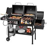 Grills House 2-Burner Gas and Charcoal Grill Combo with Offset Smoker & Side Burner, 34,000 BTU Dual Fuel Grill, 1020 Sq. In. Cooking Area, Ideal for Outdoor Cooking, Black, ZH3005Y-SC