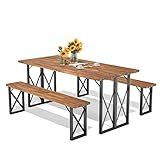 Giantex Outdoor Picnic Table Set with 2 Benches, Acacia Wood Patio Dining Set for 6 or 4 Persons, with 2” Umbrella Hole, 67” Large Rectangular Camping Table for Garden Lawn Yard 800 Lbs Capacity