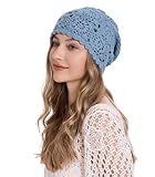 ZLYC Women Cotton Crochet Slouchy Beanie Hat Handmade Knit Summer Skull Cap, Solid Mild Blue
