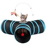 Love's cabin Cat Tunnels for Indoor Cats, Cat Tube Toys 3 Way Collapsible, Pet Play Tunnel with Peek Hole Toy Ball for Kitty, Kitten, Rabbit, Black&Blue, Small Size (23.6"X13"X11")