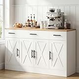SUNLEI Buffet Cabinet with Storage, Farmhouse Storage Cabinet with 4 Doors and 3 Drawers, Coffee Bar Station Wood Buffet Table with Adjustable Shelf for Living Room, White