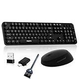 Wireless Keyboard and Mouse, COOFUN Cute Colorful 104 Keys Full Size Typewriter Keyboards Retro Cordless Key Board Ergonomic Keyboards and Mouse Wireless for Windows, PC, Laptop, Desktop (Black)