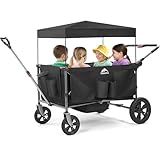 4 Seater Foldable Wagon Stroller & Cargo,with 5-Point Harnesses,Adjustable Push/Pull Handle, Removable Sun Canopy, One-Step Locking Design, Suitable for Family Travel, 4 Children Ride, Gift