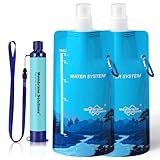 Membrane Solutions Squeezable Water Filtration System, Survival Water Purifier Kit, Portable Backpacking Gear Including Water Filter Straw and 23oz Collapsible Bottle for Hiking Camping Travel(1+2)