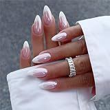 FJSMTOPl Press On Nails Almond Fake Nails French Tip False Nails Press ons Medium Glue on Nails with Chrome Design for Women Stick on Nail 24Pcs
