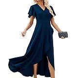 ZZV Formal Dresses for Women Gowns Evening Party Cocktail Dress, Long Split Elegant V Neck Wrap Ruffle Wedding Guest Dresses Navyblue-L