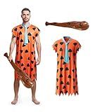 Halloween Men's Costume Adult Caveman Outfit, Orange & Brown for Cosplay & Family Parties (Orange, L)