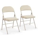 DUMOS 2 Pack Leather Padded Folding Chair, Indoor Outdoor Portable Stackable Commercial Seat with Steel Frame, Capacity for Home, Office, Party, Comfy, Kahki