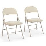 DUMOS 2 Pack Leather Padded Folding Chair, Indoor Outdoor Portable Stackable Commercial Seat with Steel Frame, Capacity for Home, Office, Party, Comfy, Kahki