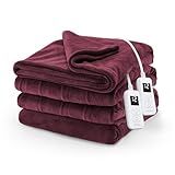 Sunbeam Electric Royal Luxe Microplush Heated Blanket, 12 Heat Settings, 12-Hour Auto Shut-Off, Fast Heating, Warm & Cozy, Machine Washable, Cabernet Color, Queen (90" x 84")