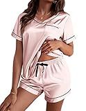 Ekouaer Silk Pajama for Women Short Sleeve Satin Pj Set Two Piece Soft Sleepwear Loungewear Casual Pjs for Summer Light Pink Large