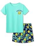 Beezizac Big Boys Pajamas Teal & Navy Face 2-Piece Fun Short Sleeve PJ Set Kid Cozy Sleepwear Children Size 10