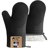GORILLA GRIP BPA-Free Soft Silicone Oven Mitts, Heat Resistant and Waterproof Cooking Safety Gloves, Thick Cotton Lining, Flexible Gripping, Kitchen Potholders Set, for Grilling, BBQ, 12.5x8.3, Black
