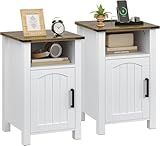 Farmhouse Nightstand with Charging Station, Set of 2 End Table with USB/Type-C Ports, Rustic Bedside Table with Large Storage and Open Shelf, Modern Side Table for Bedroom, Pure White + Walnut